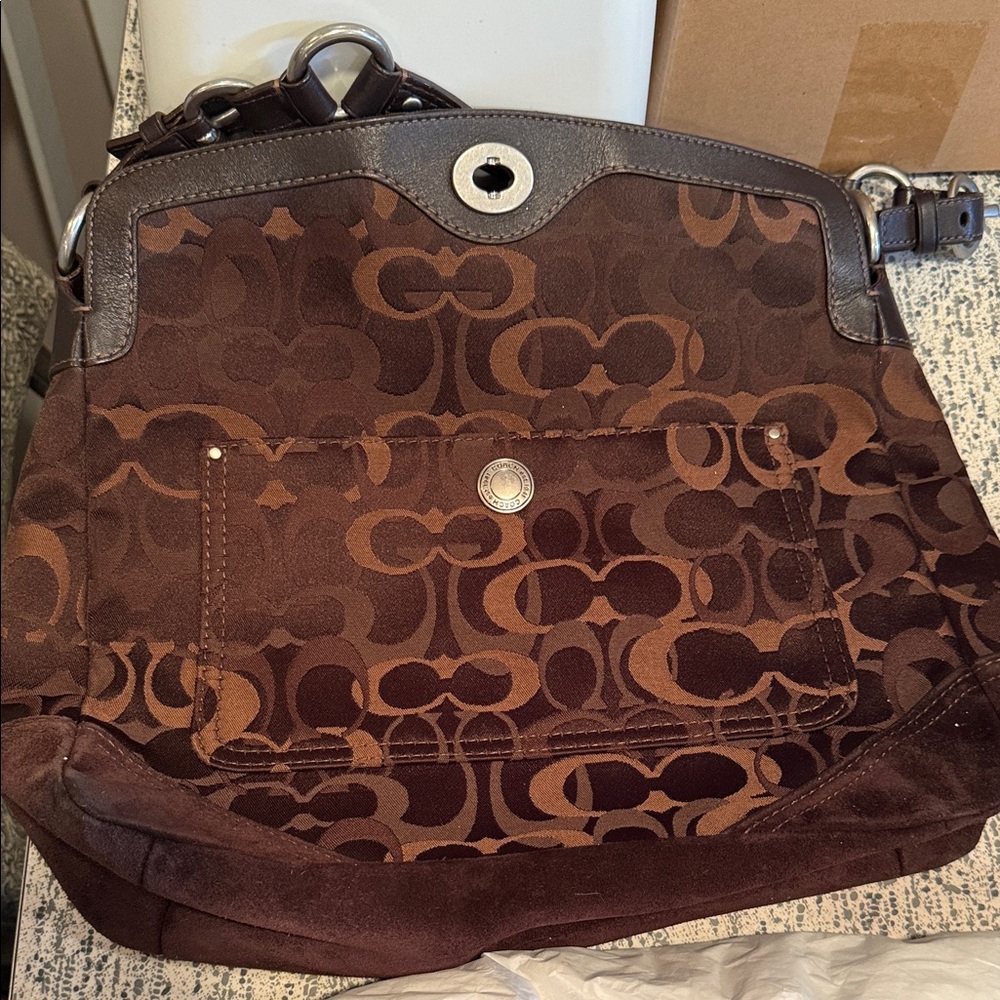 Coach Brown Signature Jacquard Shoulder Bag with Leather Trim